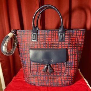 Tassel Navy/Red Art Show Plaid Leather Tote